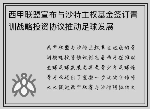 西甲联盟宣布与沙特主权基金签订青训战略投资协议推动足球发展