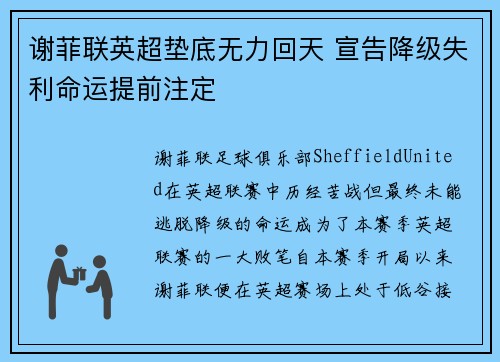 谢菲联英超垫底无力回天 宣告降级失利命运提前注定